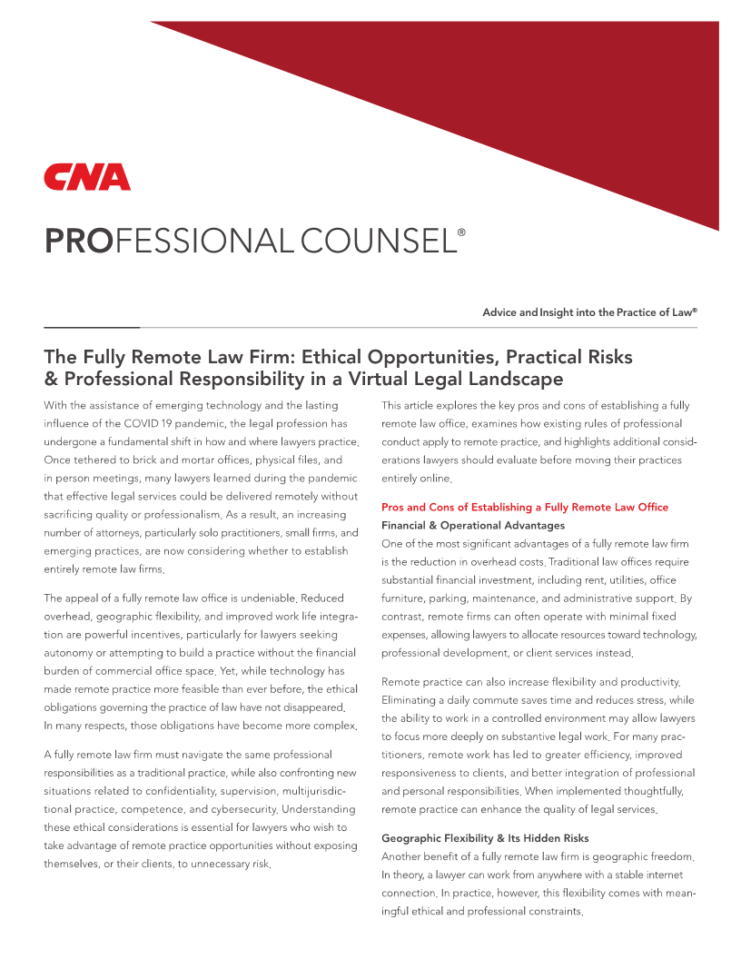 The Fully Remote Law Firm: Ethical Opportunities, Practical Risks & Professional Responsibility in a Virtual Legal Landscape